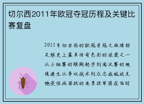 切尔西2011年欧冠夺冠历程及关键比赛复盘