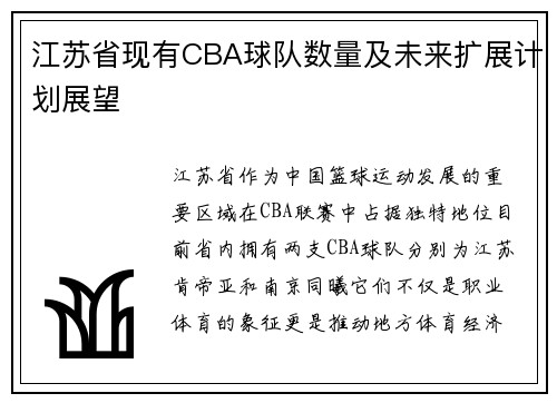 江苏省现有CBA球队数量及未来扩展计划展望