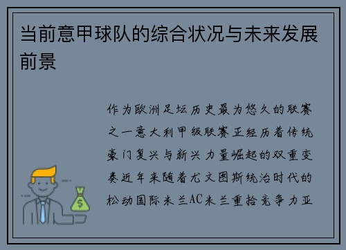 当前意甲球队的综合状况与未来发展前景